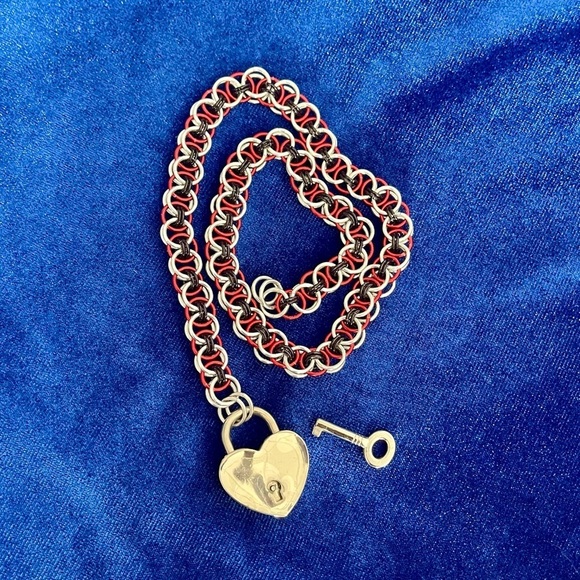 Padlock chainmail 16" necklace with key|Harley Quinn inspired|custom|hand made​​ - Picture 3 of 11